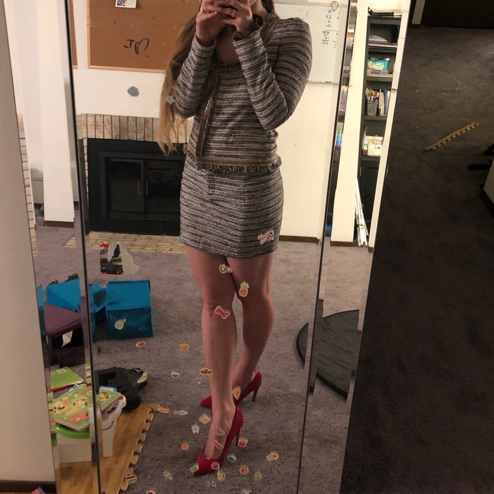 Patrizia Pepe Tweed suit: blazer and mini skirt.